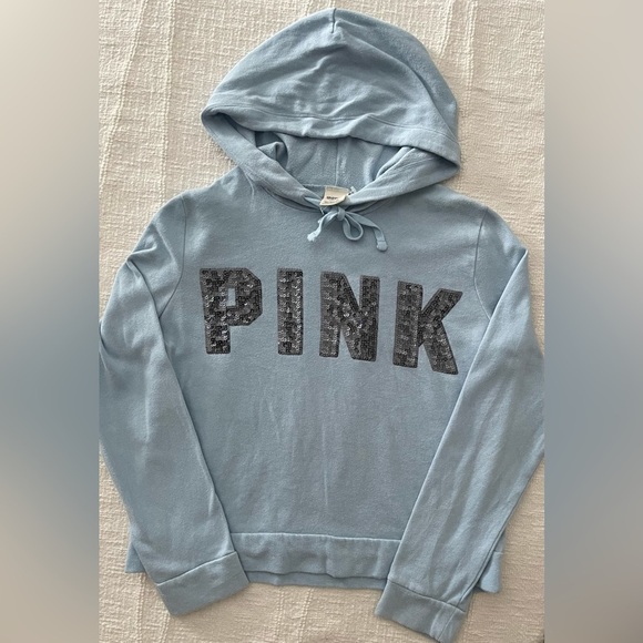 Y2K Victoria’s Secret Baby Blue Sequin PINK Hoodie Women’s Medium - Picture 2 of 9